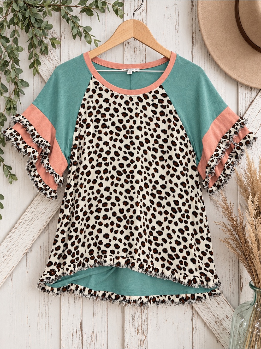Umgee Leopard Print Short Sleeve Top with Teal & Coral Accents